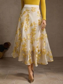 MOTF PREMIUM JACQUARD FLORAL PLEATED SKIRT - Apricot - View 5