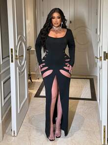 NU&NOW 大码时尚性感镂空高开叉修身连衣裙 - 黑色 - 查看 6