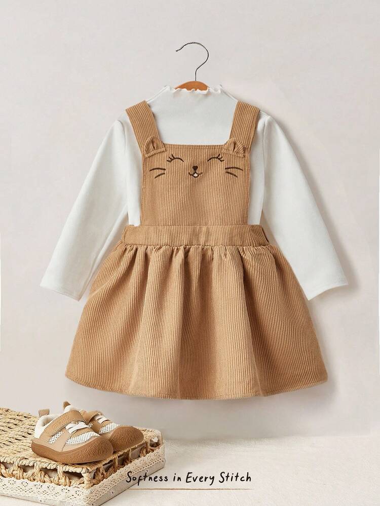 Cozy Pixies 2 件套女婴纯色针织柔软圆领长袖套头衫和围兜连衣裙套装 - 卡其色 - 查看 3