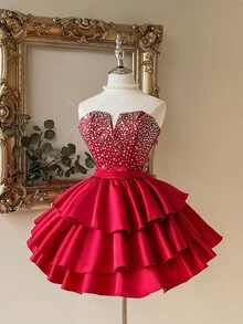 Lovelzi 优雅、浪漫、性感的黑色缎面面料，深 V 领，收腰，紧身胸衣，大量水钻装饰，有骨紧身胸衣，后背系带，A 字裙，褶皱设计，适合毕业典礼、学校开学典礼、音乐节、生日派对、婚礼、舞会礼服 - 酒紅色 - 查看 7