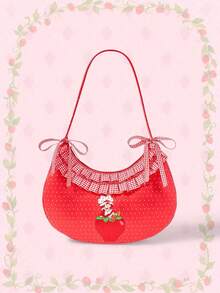 Strawberry Shortcake | ROMWE Women's Fashion Polka Dot & Strawberry Print Ruffle Shoulder Bag, Strawberry - Red - View 1