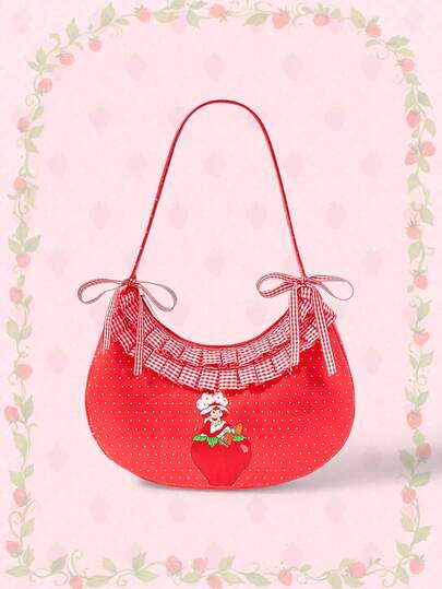 Women's Fashion Polka Dot & Strawberry Print Ruffle Shoulder Bag