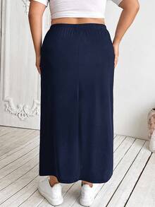 SHEIN CURVE+ 大码女式黑色针织弹力紧身及膝裙 - 藏蓝色 - 查看 2