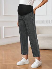 SHEIN 孕妇冬季可调节腰围休闲牛仔裤 - 黑色 - 查看 4