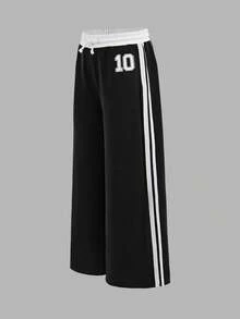 SHEIN Tween Girls Colorblock Numeric Print Loose Casual Pants, Versatile For Daily Wear And Outings - Black - View 4