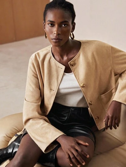 Maija 秋冬女士休闲百搭纯色双口袋短款夹克