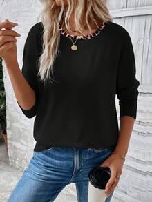 EMERY ROSE Áo thun dài tay cổ bẻ họa tiết da báo bán chạy nhất dành cho nữ, Thu/Đông - màu đen - Xem 4