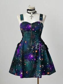 Sunspun 全新时尚百搭假日梦幻星空印花拼布荷叶边系带腰部装饰前拉链中长款吊带裙女式 - 霧霾藍 - 查看 7