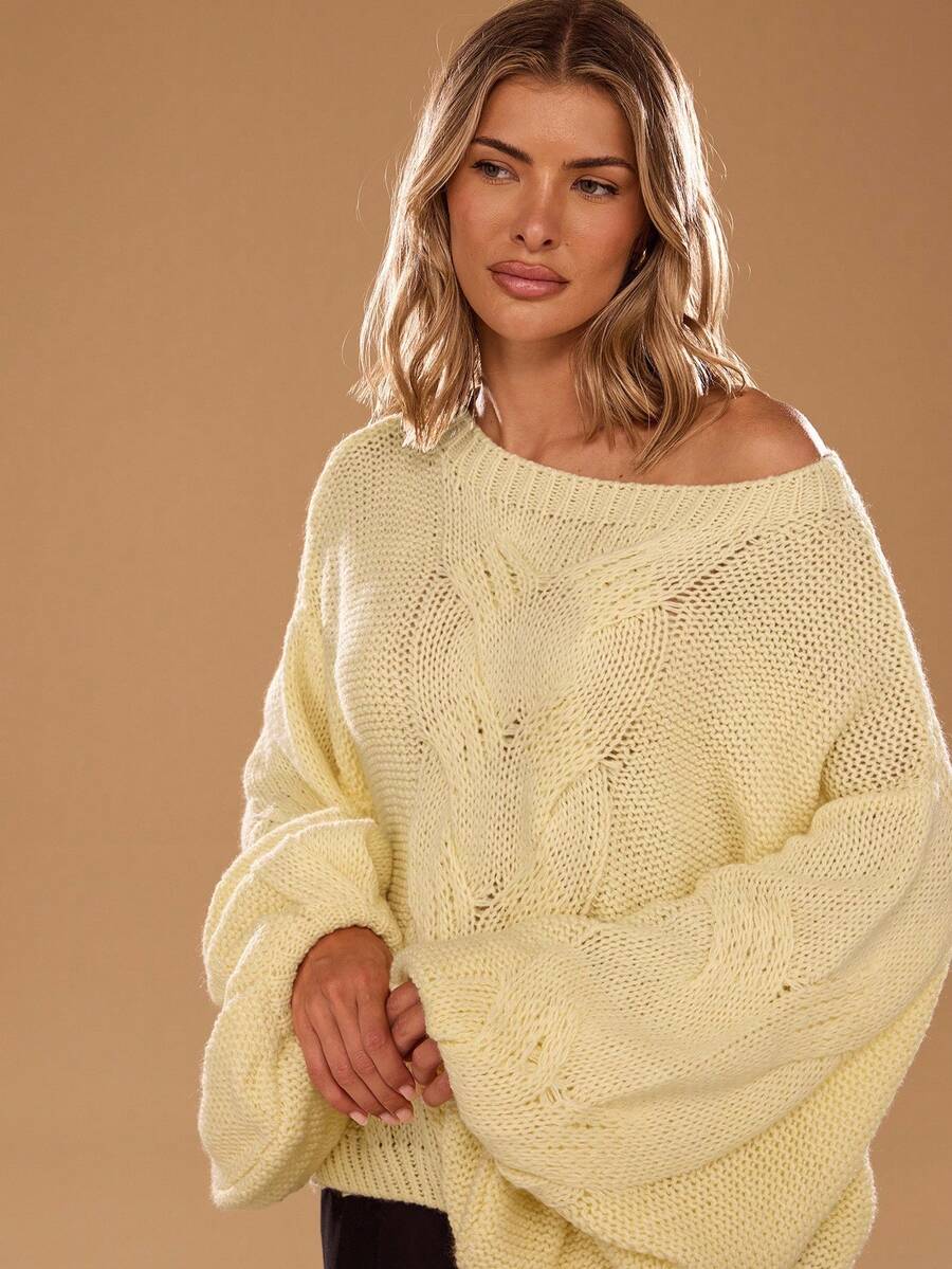 SHEIN BAE 女式休闲纯色蝙蝠袖毛衣，秋冬 - 黃色 - 查看 1