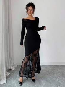 Modelyn Women's Elegant Lace Patchwork Midi Dress - Black - View 4