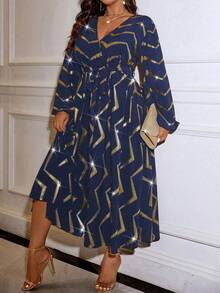 Cravure Vestido largo con cuello en V cruzado, cintura recogida, mangas farol, estampado aleatorio con lámina, cintura con lazo para mujer - Azul Marino - Ver 4