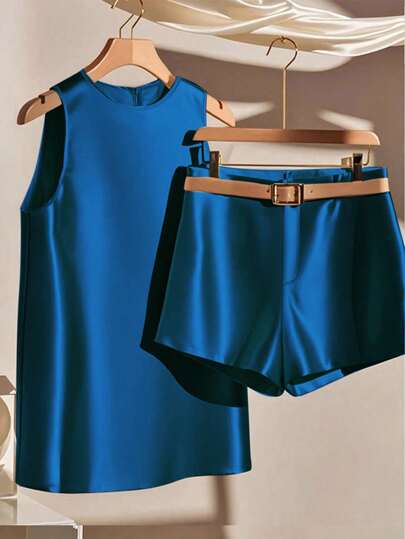 GlowEve Conjunto casual de 2 piezas de blusa sin mangas de cuello redondo y pantalones cortos de unicolor para mujer