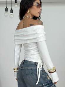 Coolane Áo thun dài tay hở vai màu trắng dệt kim cáp dự tiệc rave mùa thu dành cho nữ tại Hội chợ Phục hưng - trắng - Xem 4