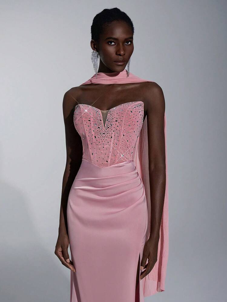 Elitara Elegant Luxurious Rhinestone Patchwork Elastic Satin Detachable Sequin Slit Fishtail Skirt,Suitable For Weddings,Vacations,Balls,Formal Occasions - Dusty Pink - View 3