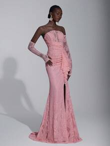 Elitara Elegant Luxurious Stretchy Lace Off Shoulder Strapless Dress With Detachable Sheer Ruffle Sleeves And Sexy Thigh-High Slit Fishtail Hem, Suitable For Weddings, Parties, Vacations, Galas, And Formal Events