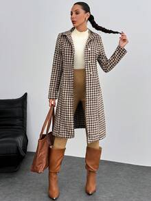 EURMUSE Sobretudo de lã elegante com botões frontais dourados multicoloridos e estampa pied-de-poule para mulheres - Multicolorido - Ver 6