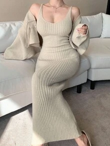 DAZY Bộ đồ 2 món thanh lịch, áo len tay cánh dơi cài nút cho nữ, màu trơn, mùa thu - Màu be - Xem 5