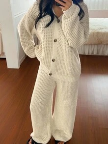 DAZY 女士简约针织宽松家居服套装，冬季睡衣，舒适套装，秋季服装 - 杏色 - 查看 5