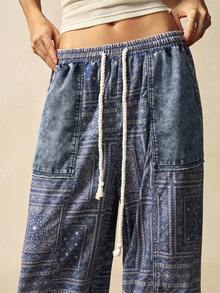 Bohemela 秋季波西米亚音乐节万圣节佩斯利图案休闲梭织拼接宽松阔腿女裤 - 藍色 - 查看 3