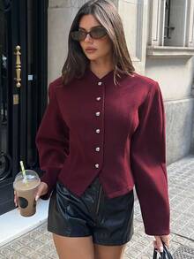 Aloruh 优雅酒红色外套，适合通勤、秋冬季穿着，是女士冬季服装、女士冬季外套、女士冬季服装、冬季服装、女士秋季服装、女士秋季穿搭、新年女士服装、圣诞节女士服装、长袖外出上衣、时尚女士外套、安卡拉红色外套、复古风格、休闲商务通勤、纯色外套、修身外套、金属扣装饰 - 酒紅色 - 查看 2