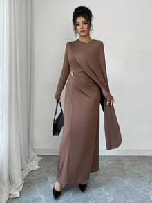 Selianne Robe longue marron ajustée élégante pour femme, automne - Tabac - Voir 4