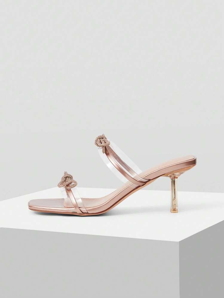 WOMEN'S SIMPLE ELEGANT RHINESTONE BOW DECOR TRANSPARENT OPEN TOE HIGH HEEL SANDALS