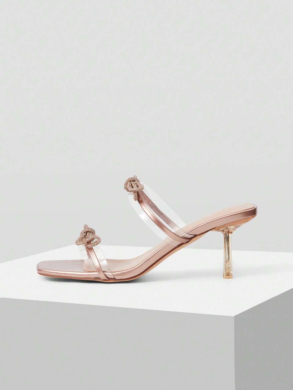 WOMEN'S SIMPLE ELEGANT RHINESTONE BOW DECOR TRANSPARENT OPEN TOE HIGH HEEL SANDALS