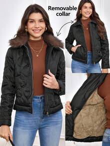 Miaspire Women's Winter Coat, Velvet Warm Elegant Coat, Women's All-Match Black Coat, Detachable Fur Collar, Winter Clothes For Women - Black - View 1