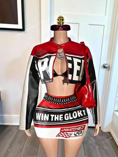 Slaydiva 2025 初秋新款基础休闲街头风拉链夹克，立领长袖，金属纽扣，字母印花拼色，适合返校季，女款