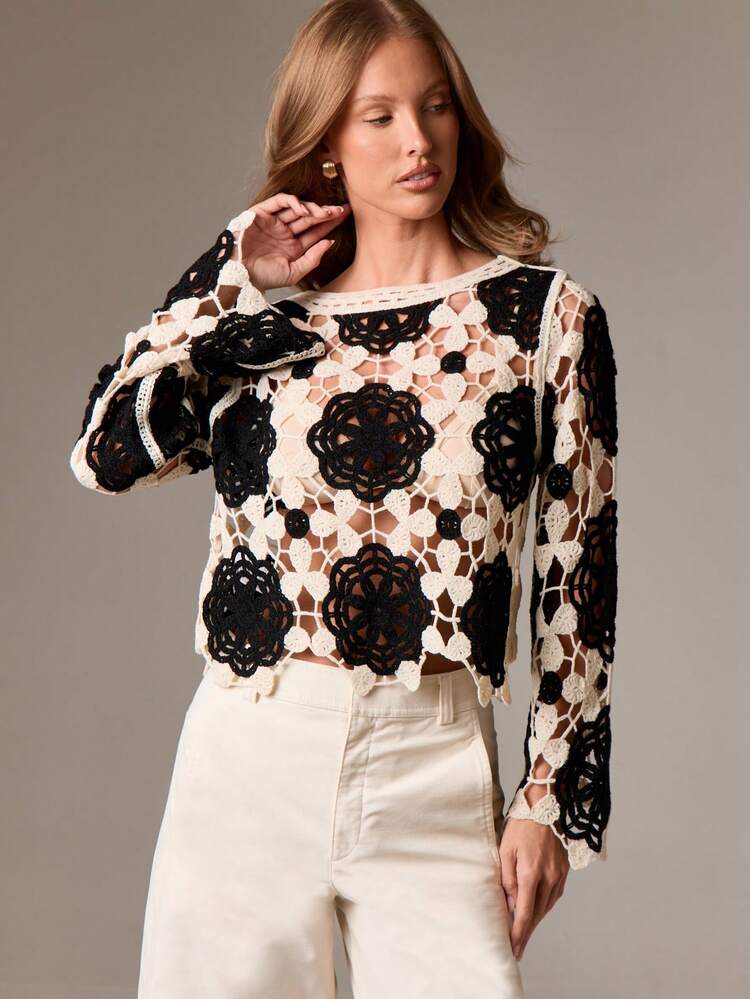 Crochet Floral Mesh Cover Up With Long Sleeves