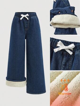 SHEIN Jeans holgados de mezclilla azul con forro térmico, estilo retro desgastado, básico y sencillo, para niña preadolescente en otoño/invierno. Ropa casual y cómoda para el diario, de vuelta al colegio y Navidad. Jeans de pierna ancha, acampanados y holgados para niñas y preadolescentes, en estilo Y2K.