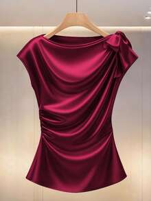 Modelyn Solid Color Satin Pleated Bowknot Waist Blouse Satin Blouse With Bow Maroon Blouse Dark Red Satin Top Wine Red Top Burgundy Satin Blouse Burgundy Satin Top Satin Top With Bow Wine Red Formal Top Dark Red Satin Blouse Maroon Elegant Top