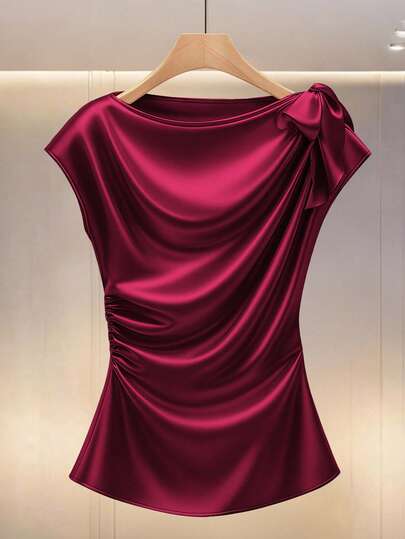 Modelyn Solid Color Satin Pleated Bowknot Waist Blouse Satin Blouse With Bow Maroon Blouse Dark Red Satin Top Wine Red Top Burgundy Satin Blouse Burgundy Satin Top Satin Top With Bow Wine Red Formal Top Dark Red Satin Blouse Maroon Elegant Top