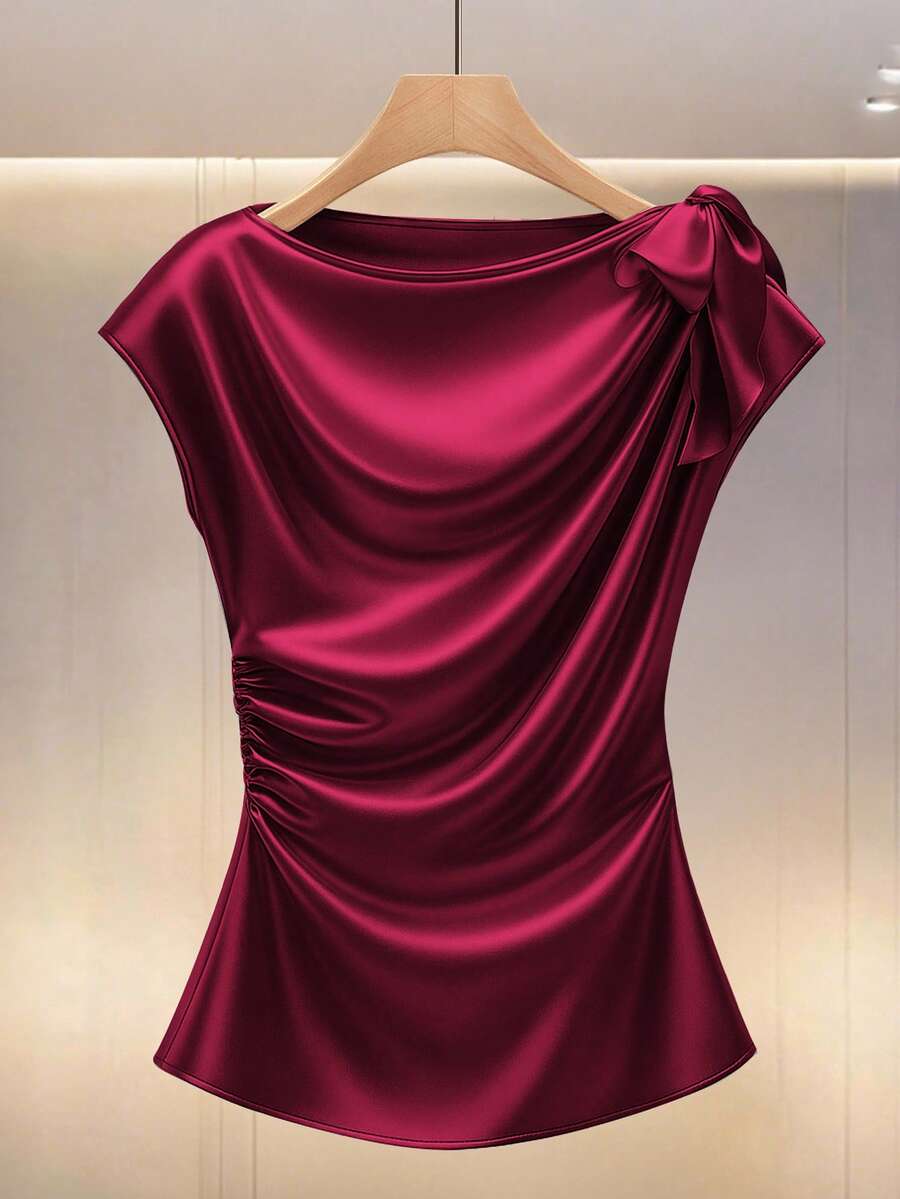 Modelyn Solid Color Satin Pleated Bowknot Waist Blouse Satin Blouse With Bow Maroon Blouse Dark Red Satin Top Wine Red Top Burgundy Satin Blouse Burgundy Satin Top Satin Top With Bow Wine Red Formal Top Dark Red Satin Blouse Maroon Elegant Top