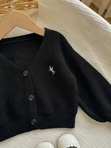 SHEIN Cute Baby Girl Casual Simple Basic Style Grab Material Black V-Neck Cardigan Sweater Suitable For Family Matching Outfits, Mommy&Me, Birthday Parties, Evening Parties, Performances, Weddings, Baptisms, Opening Ceremonies Suitable For Daily Use Suitable For School Suitable For Travel Suitable For Autumn And Winter Seasons New Born Baby Girl Baby Boy Fall