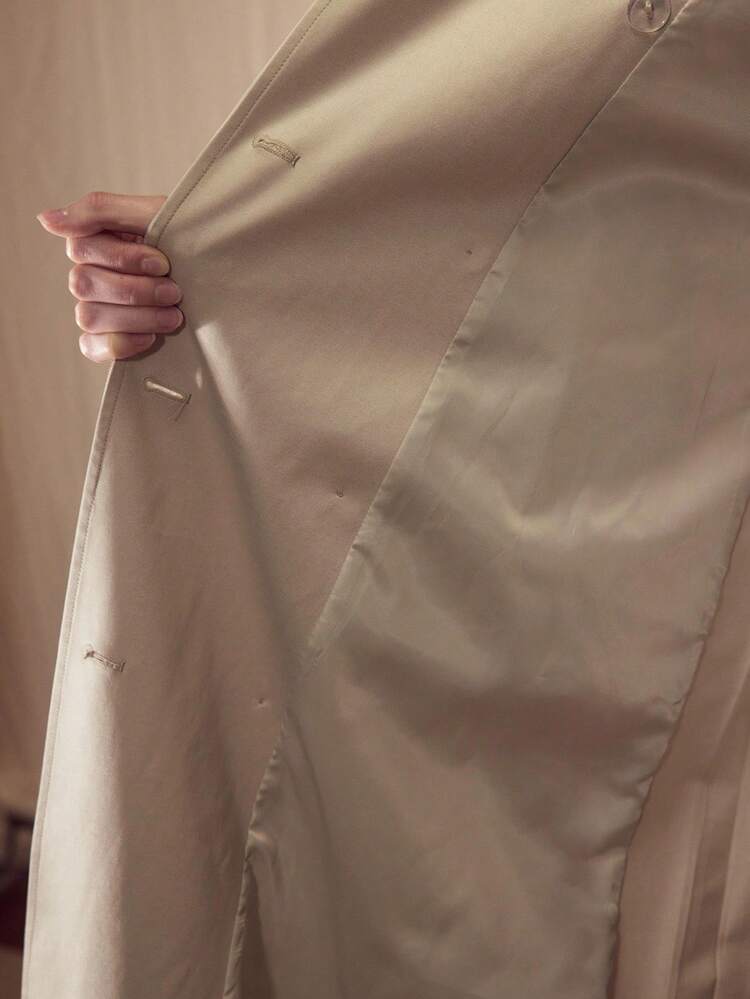ELEGANT WAIST CINCHED PLEATED HEM PATCHWORK TRENCH COAT, KHAKI MINIMALIST & CHIC