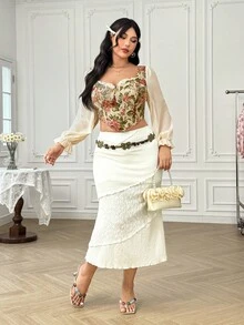 Dreamara 大码女式度假荷叶边装饰领口灯笼袖复古秋季衬衫