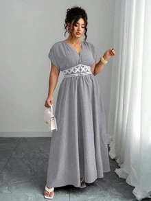 Elenzga Vestido maxi casual de talla grande para mujer con bordado en la cintura, vestido elegante y estilizador de estilo bohemio con estampado de paisley, cuello en V profundo, hombros fruncidos y cintura ceñida, para salidas, té de la tarde, fiestas, uso diario y vacaciones