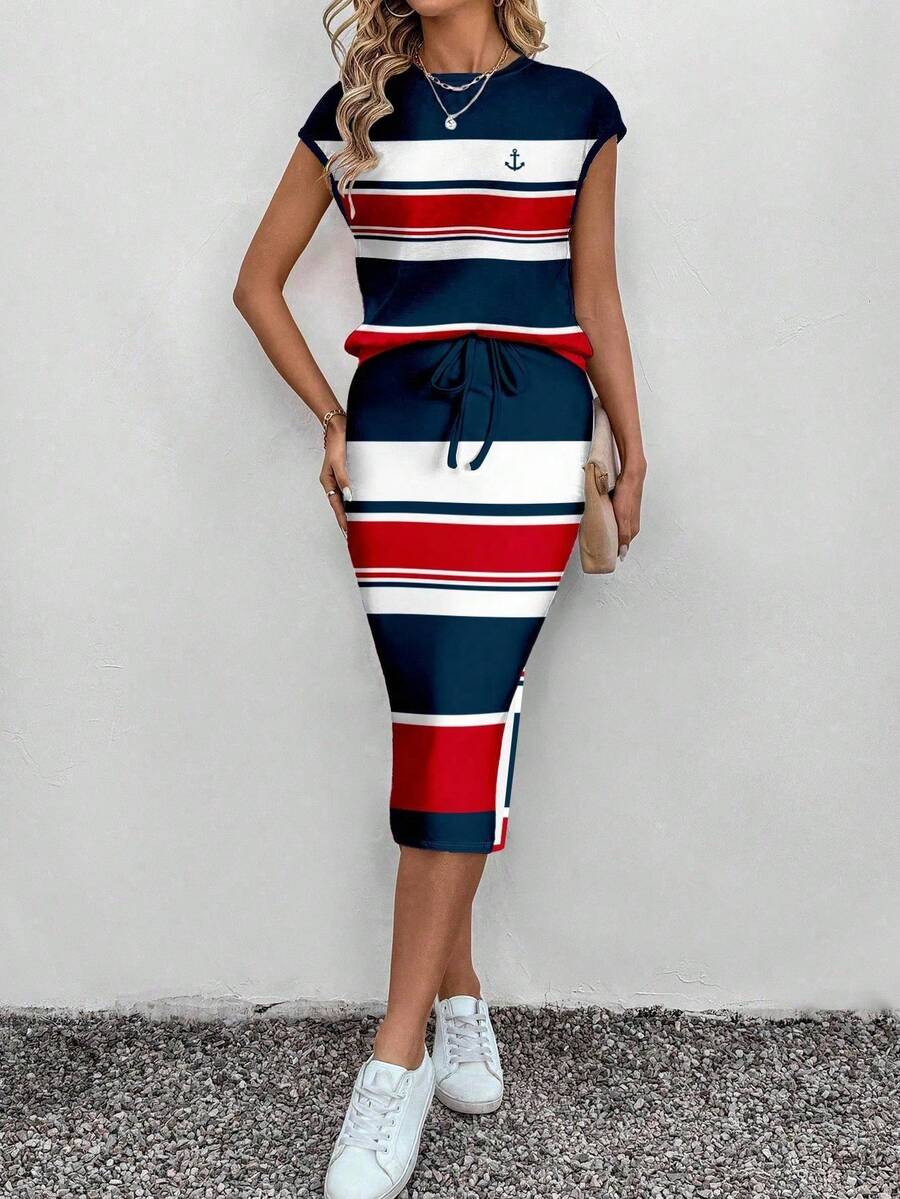 SHEIN LUNE 2pcs/Set Women Striped Contrast Print Puff Sleeve T-Shirt And Mini Skirt, Fitted Silhouette, Suitable For Spring/Summer Suitable For Going Out