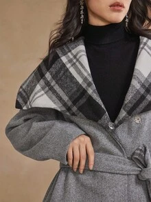 DAZY Women's Autumn/Winter Wool Blend Plaid Patchwork Cinched Waist Elegant Business Casual Overcoat