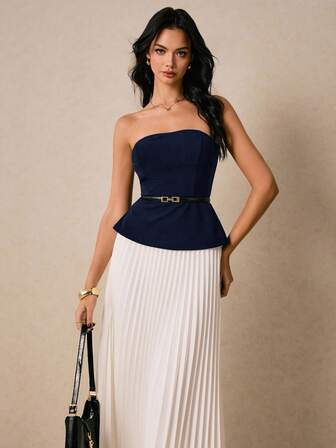 Poéselle 2件套女士休闲抹胸上衣和百褶迷你裙套装