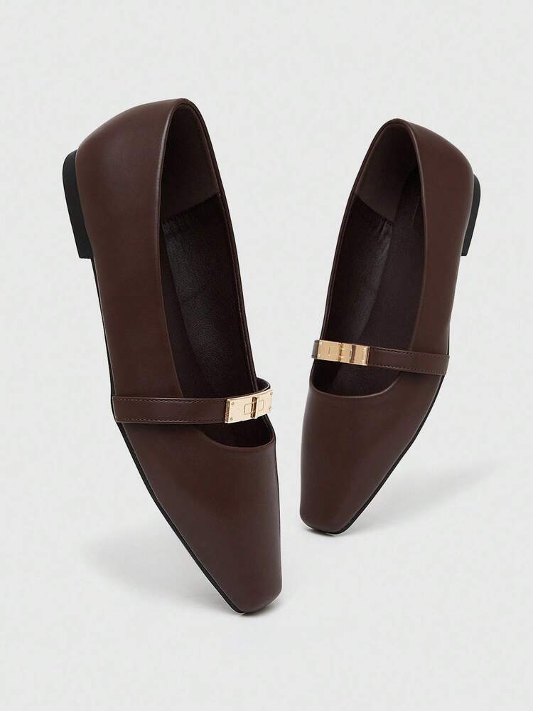 CUCCOO BIZCHIC Women's Square Toe Flat Chocolate Color Metal Buckle Slip-On Flats, Comfortable Casual Mary Jane Shoes Suitable For Dresses For Christmas Spring Shoes