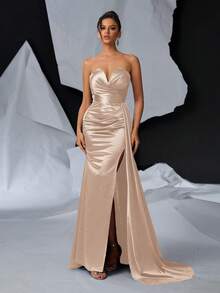 Glamrae Elegant Luxurious V-Neck Ruched Decor Side Draped High Slit Fishtail Maxi Dress, Evening Gown - Apricot - View 4