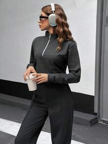 SHEIN Cottnline 2 PCS Zipper Sweatshirt & Wide Leg Sweatpants - Black - View 4