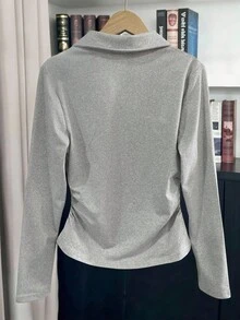 SHEIN 女式休闲骑士印花翻领长袖T恤 - 灰色 - 查看 2