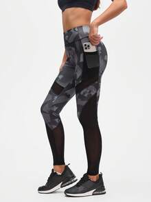 Eassivo Eassivo Women's High-Waisted Abstract Print Mesh Panel Sports Leggings, Black Camo Leggings, Mesh Legging With Phone Pocket, Leggings With Mesh Panels - Black - View 5