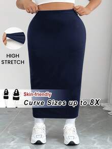 SHEIN CURVE+ 大码女式黑色针织弹力紧身及膝裙 - 藏蓝色 - 查看 8