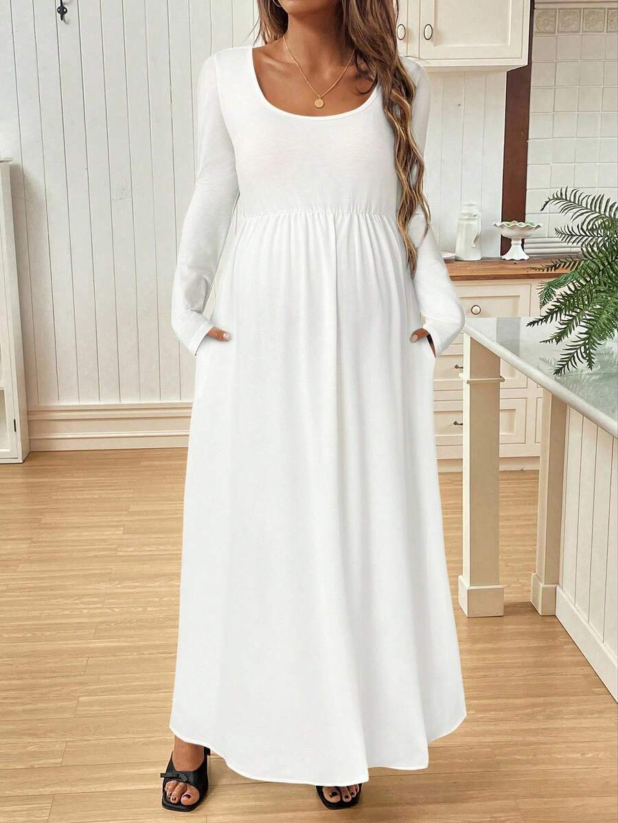 SHEIN Solid Color Draping Autumn Maternity Dress - White - View 1