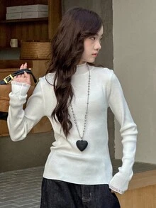DAZY Teen Girl Slim Fit Turtleneck Basic Knit Long Sleeve Sweater, Autumn Student - White - View 3