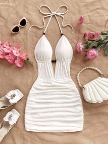 Soleia Vestido mini con escote profundo en V, tirantes con lazo y espalda descubierta para mujer, ajuste ceñido con drapeado, adecuado para fiesta, cita, té de la tarde, vacaciones de verano en la playa con estilo - Blanco - Ver 4